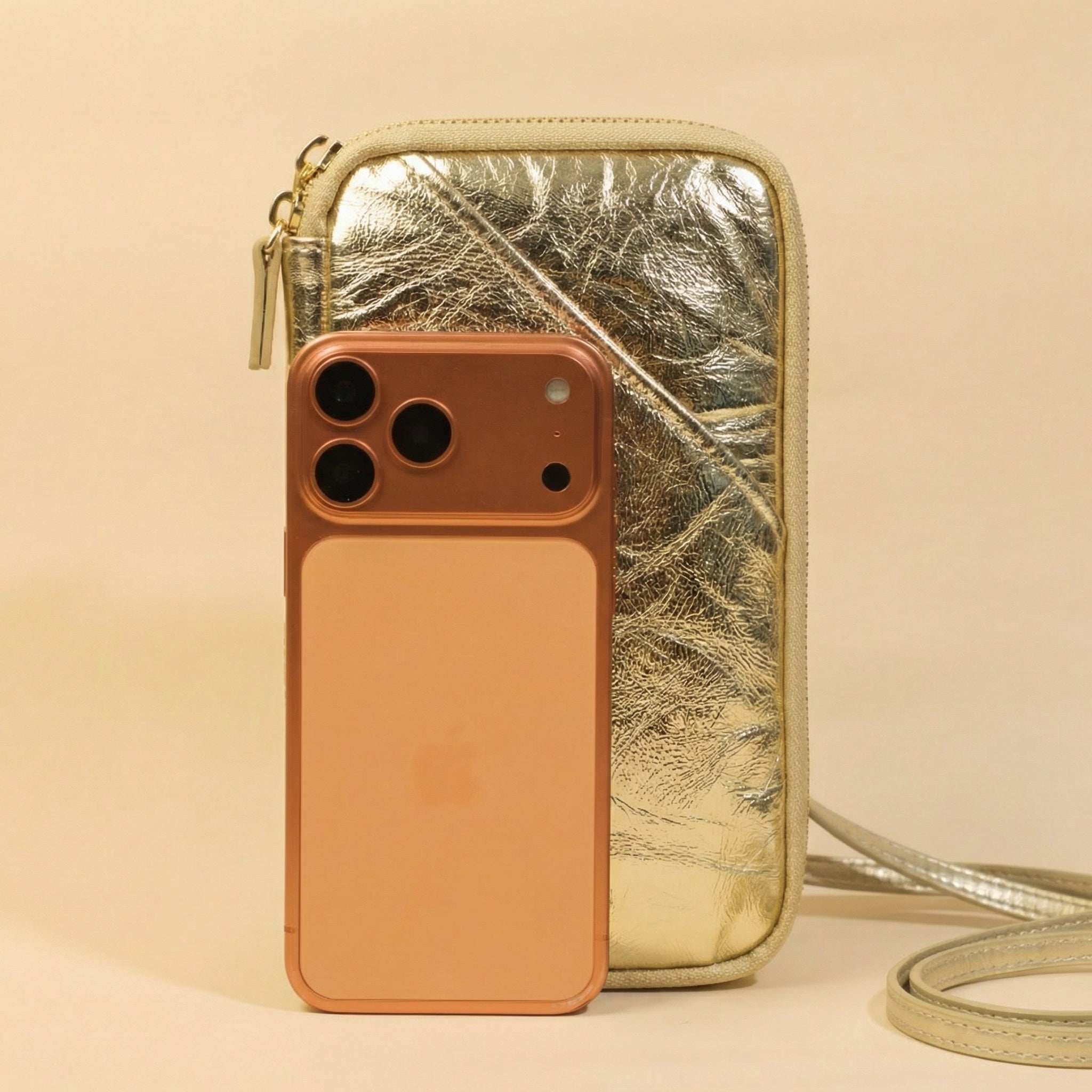Phone Bag with iPhone on a beige background