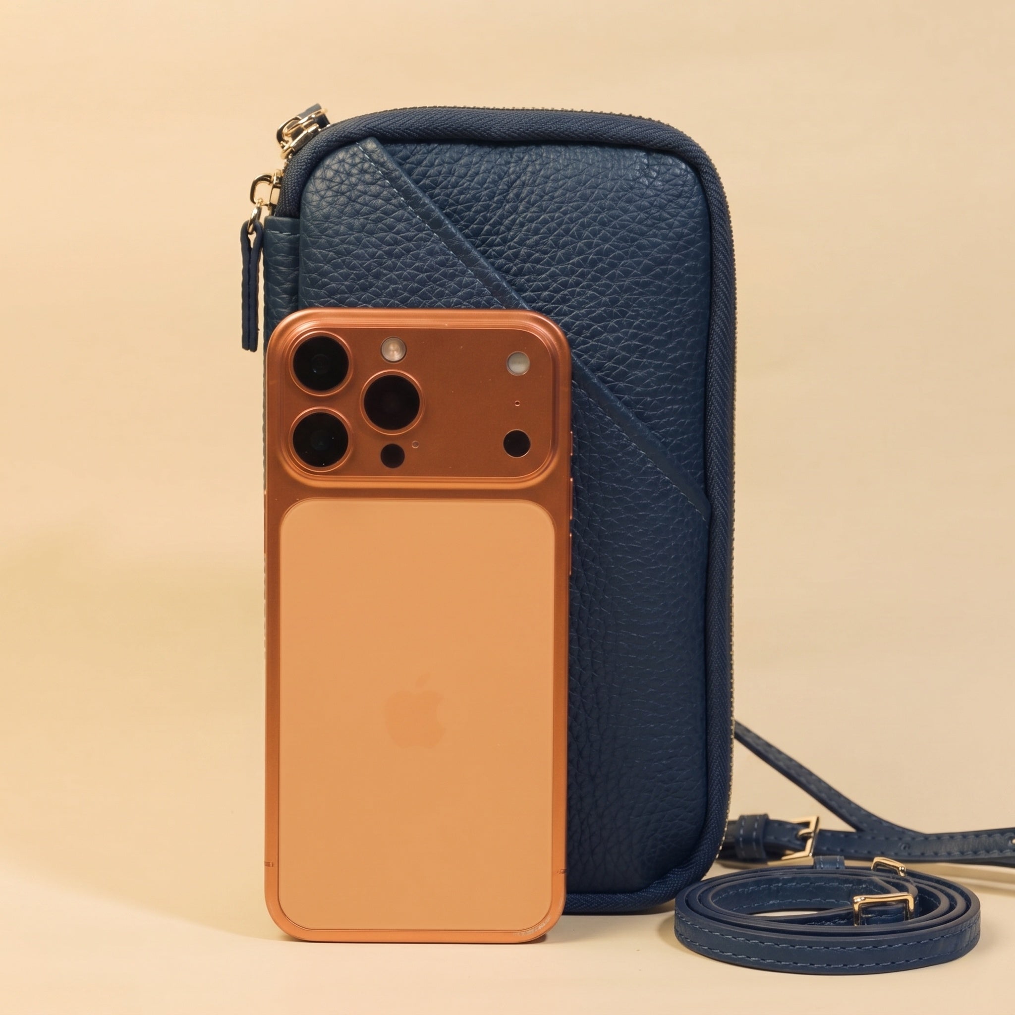 Phone Bag with iPhone on a beige background