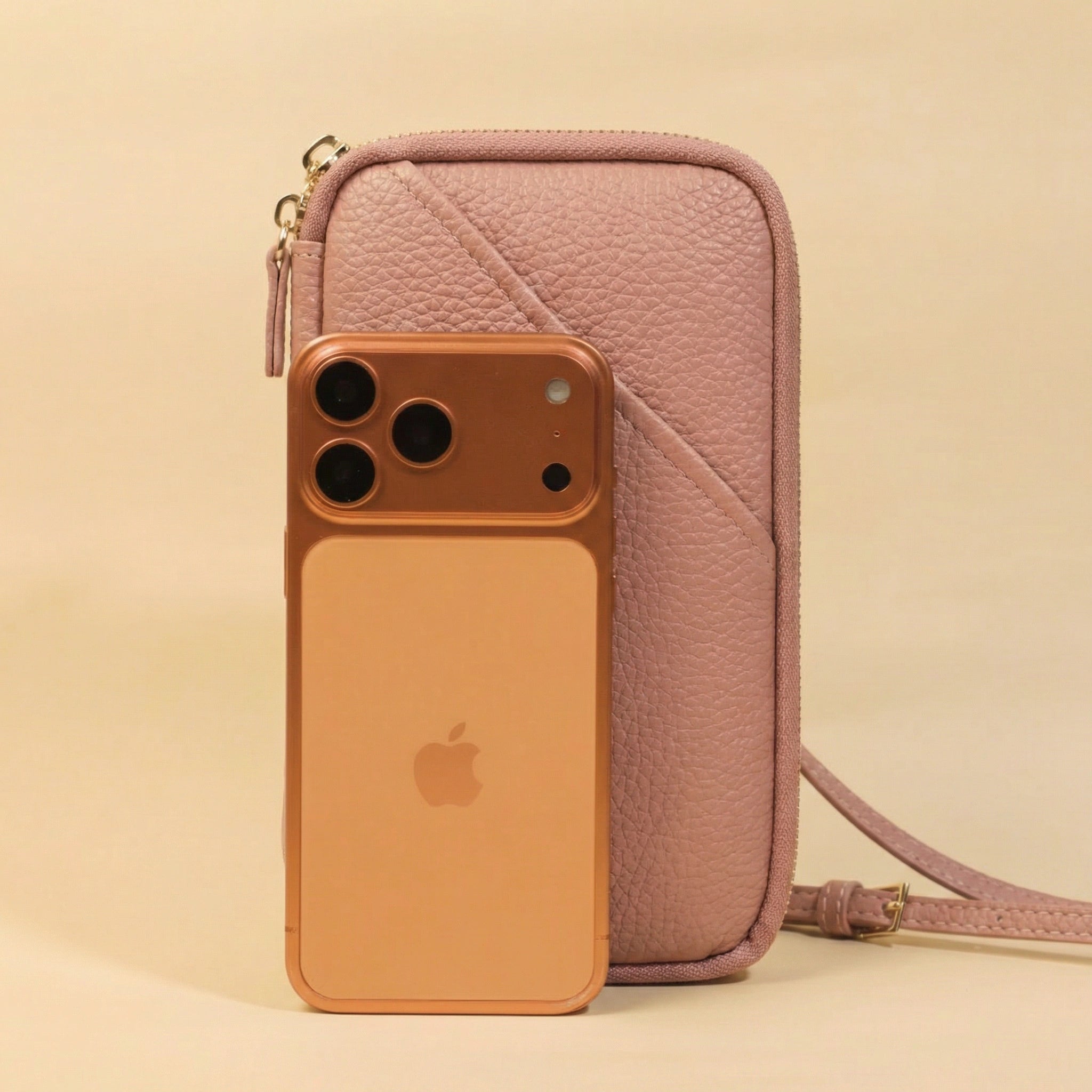 Phone Bag with iPhone on a beige background