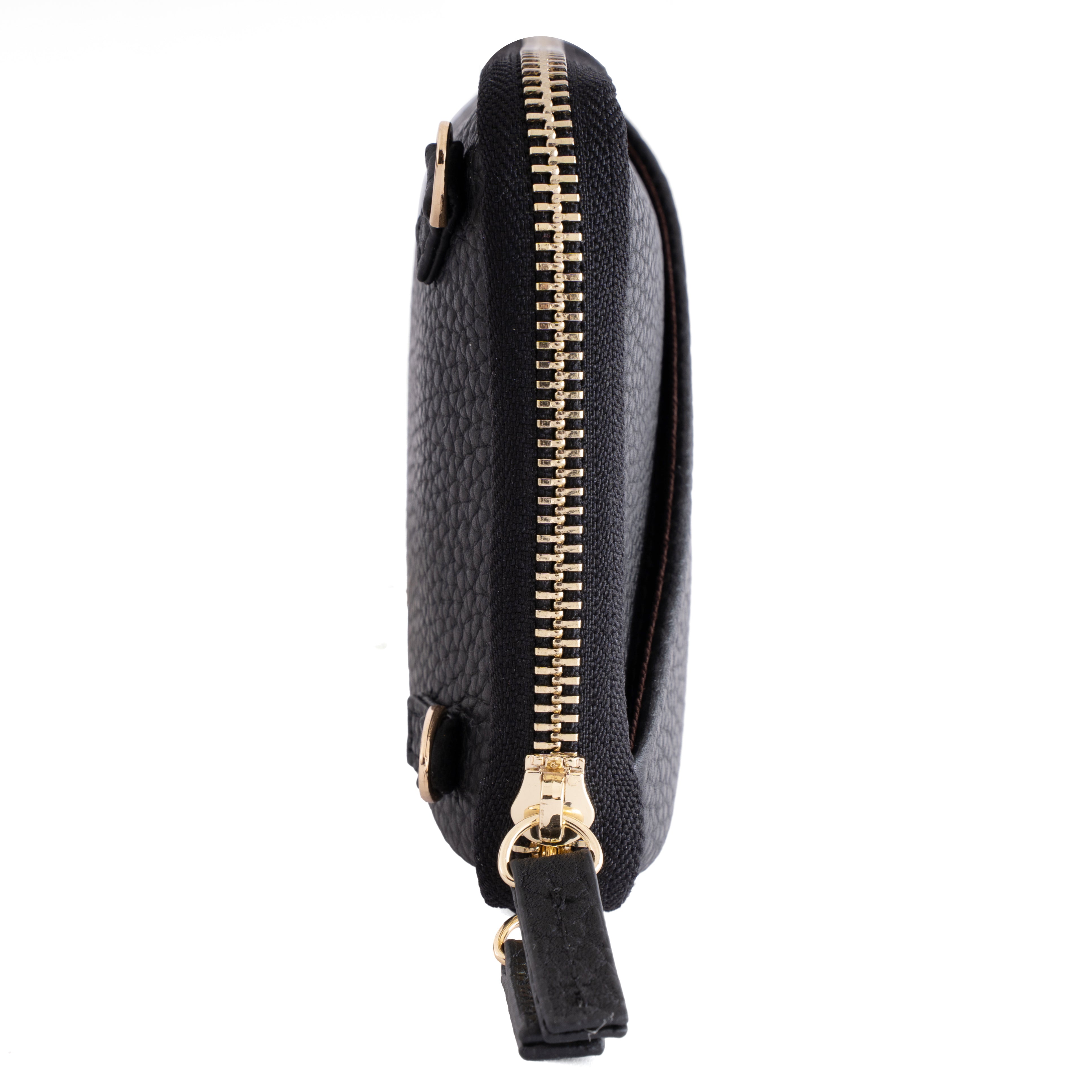 Black pouch with gold zipper on a white background