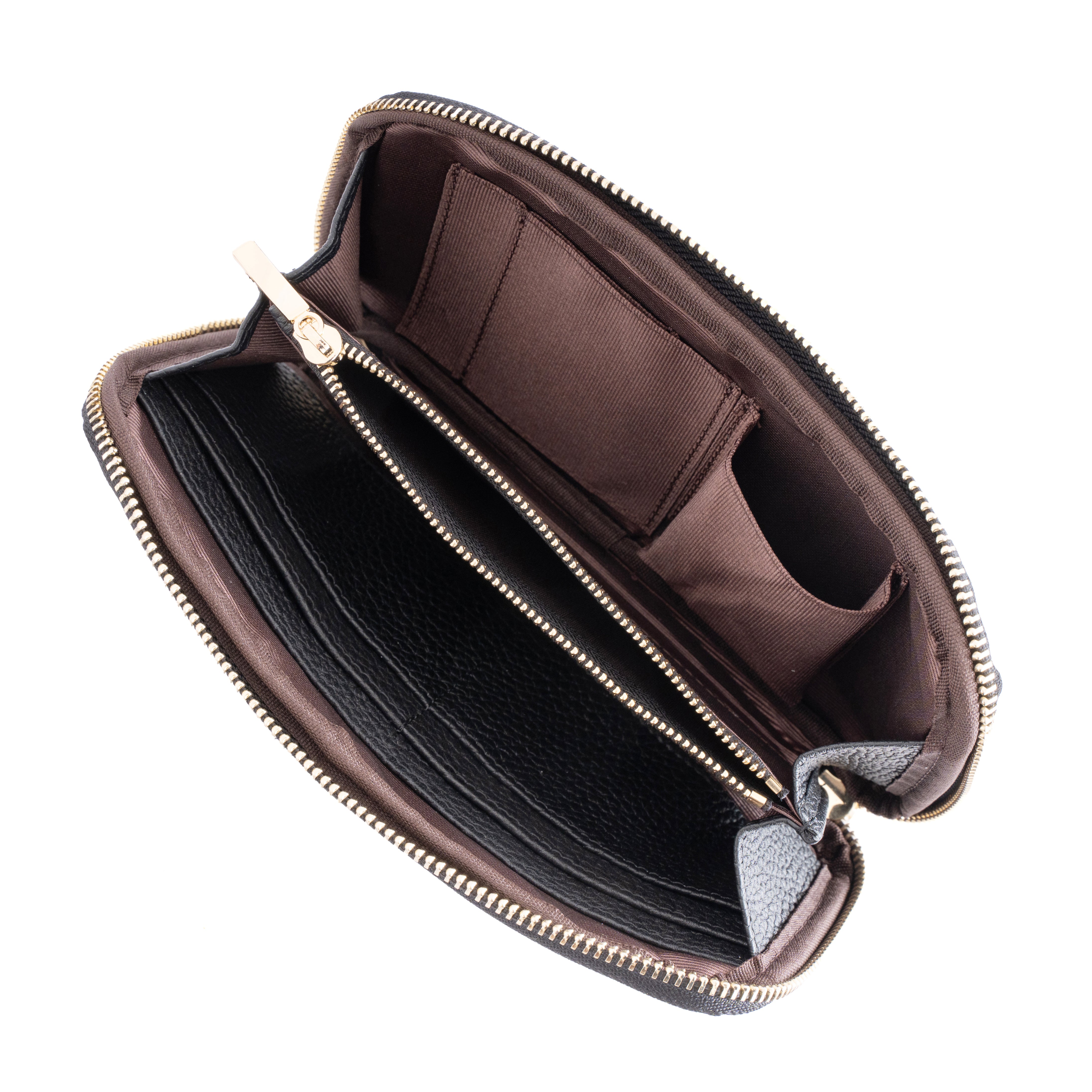 Brown leather clutch bag with open zipper on a white background