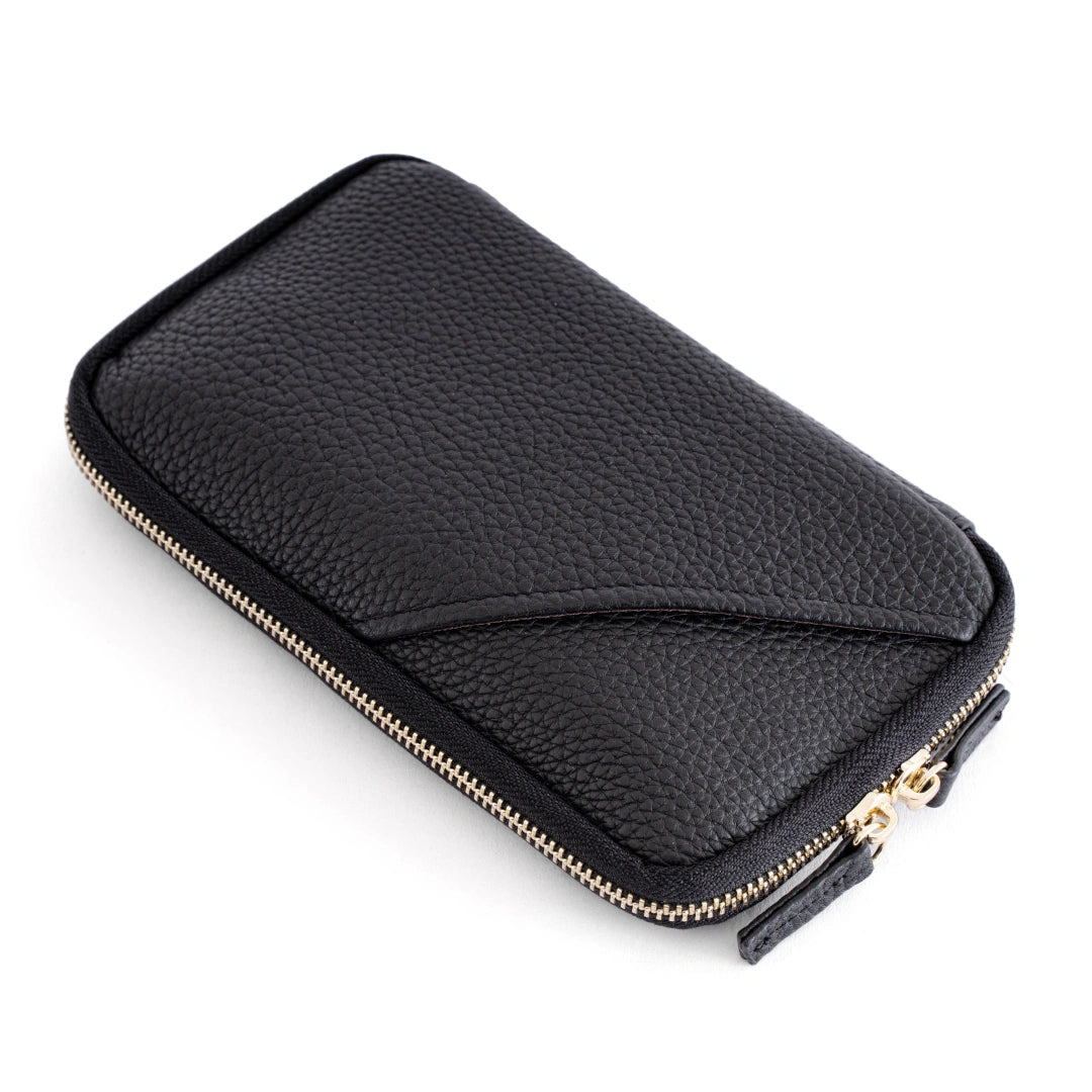 Black leather wallet with gold zipper on a white background