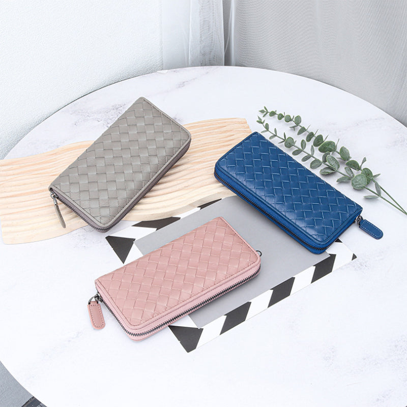 Accordion Wallet for Women-Braided Full Grain Leather-Green/Red/Pink