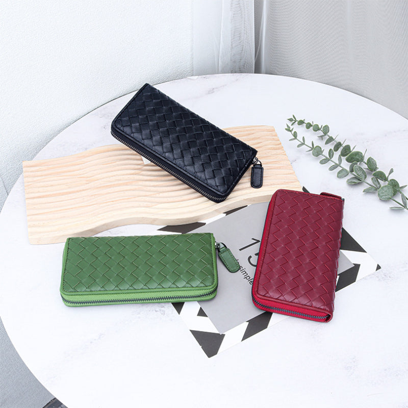 Accordion Wallet for Women-Braided Full Grain Leather-Green/Red/Pink