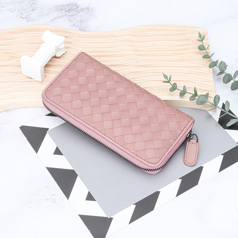 Accordion Wallet for Women-Braided Full Grain Leather-Green/Red/Pink