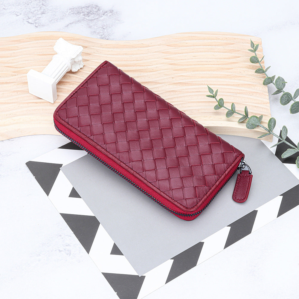 Accordion Wallet for Women-Braided Full Grain Leather-Green/Red/Pink