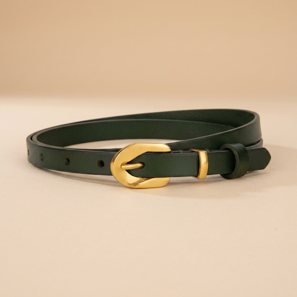 Black Leather Belt Gold Buckle-Irregular Pin Buckle-1.4 cm Slim Strap