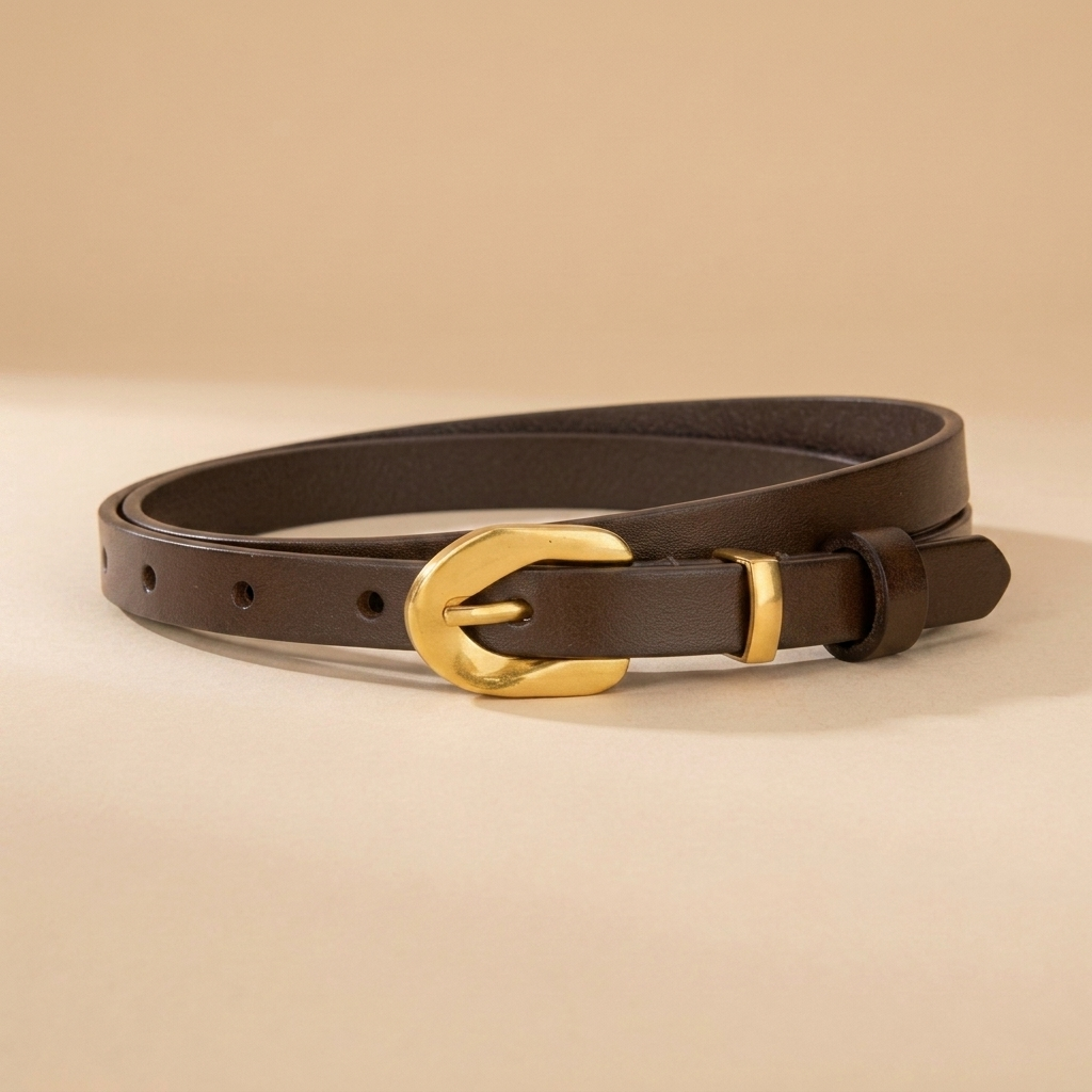 Black Leather Belt Gold Buckle-Irregular Pin Buckle-1.4 cm Slim Strap