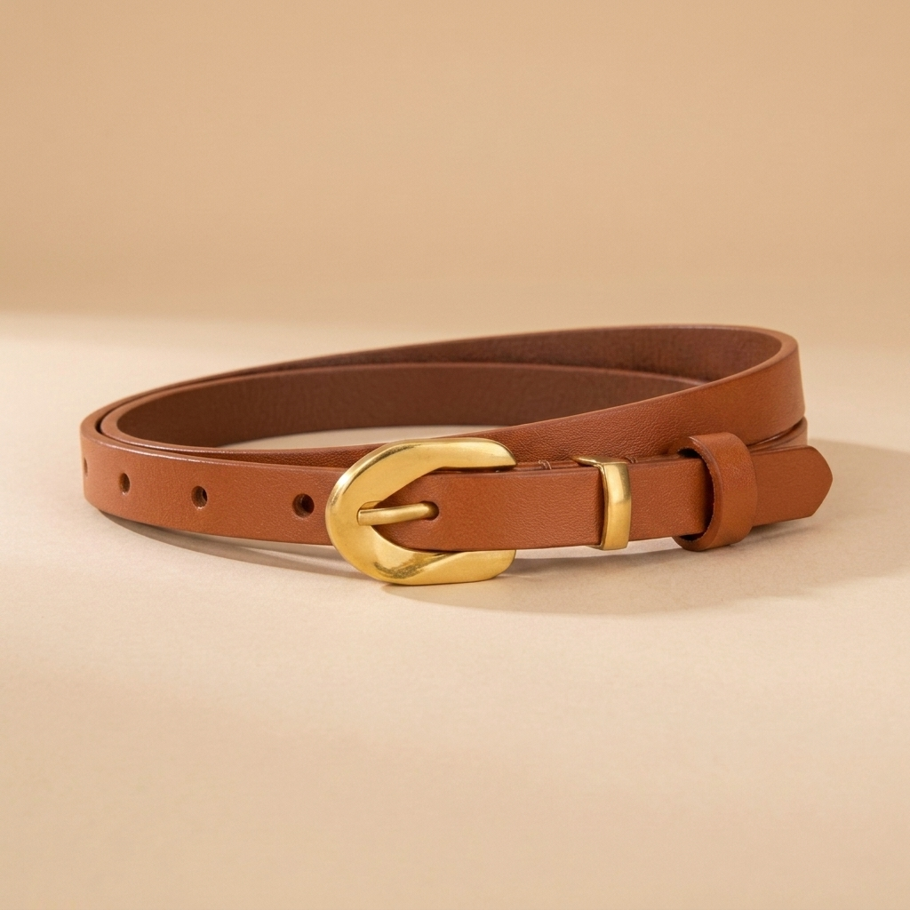Black Leather Belt Gold Buckle-Irregular Pin Buckle-1.4 cm Slim Strap