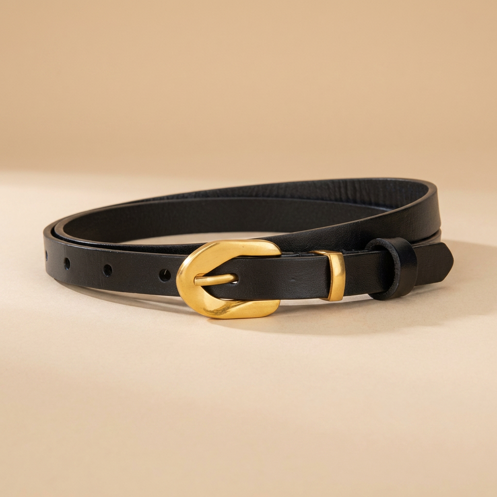 Black Leather Belt Gold Buckle-Irregular Pin Buckle-1.4 cm Slim Strap