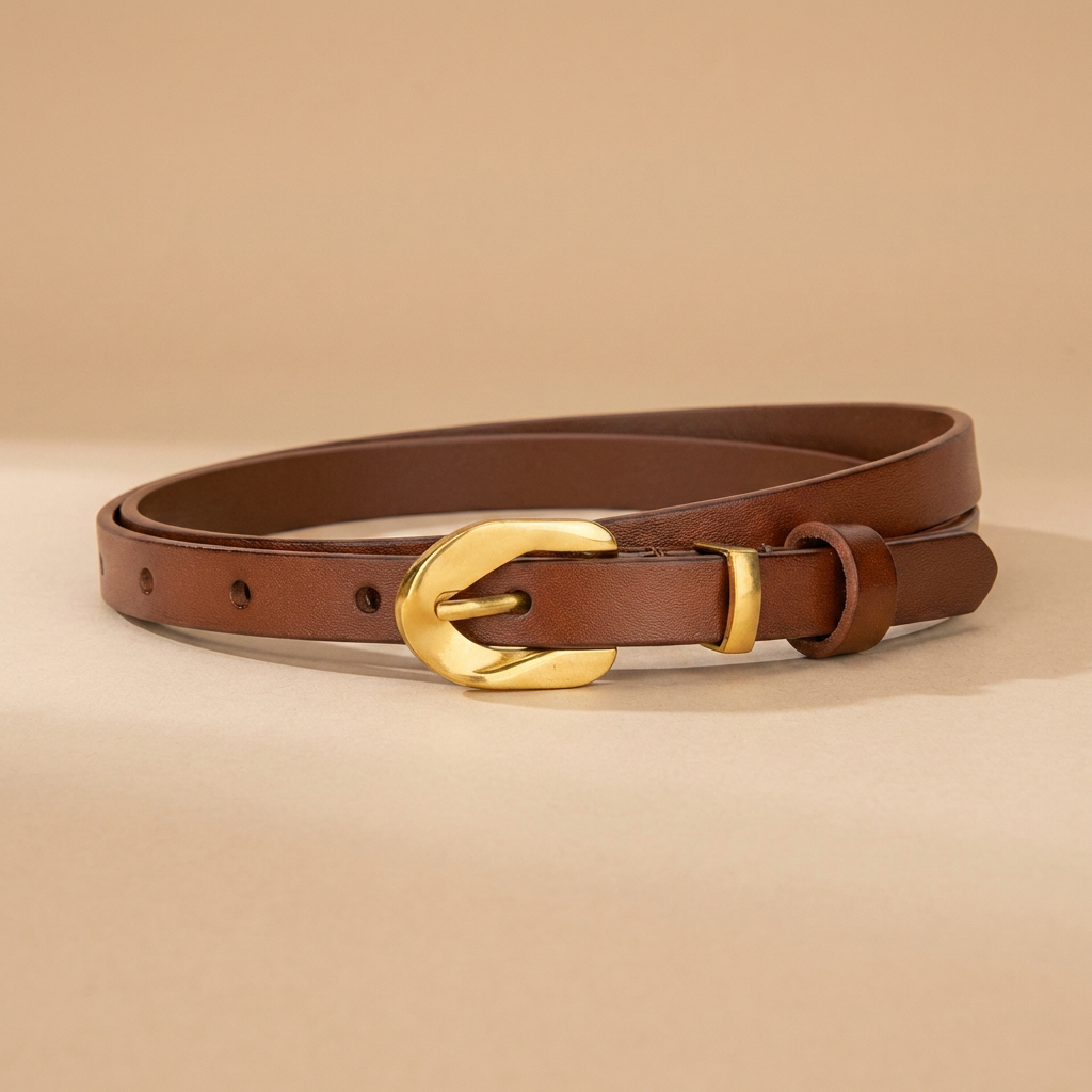 Black Leather Belt Gold Buckle-Irregular Pin Buckle-1.4 cm Slim Strap