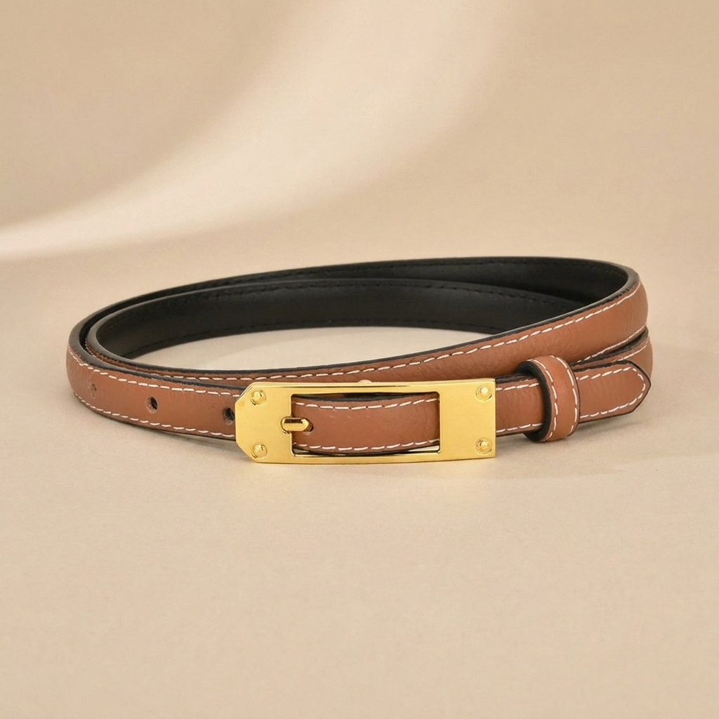 Black Leather Belt Gold Buckle - Slim Strap with Vintage Pin Buckle