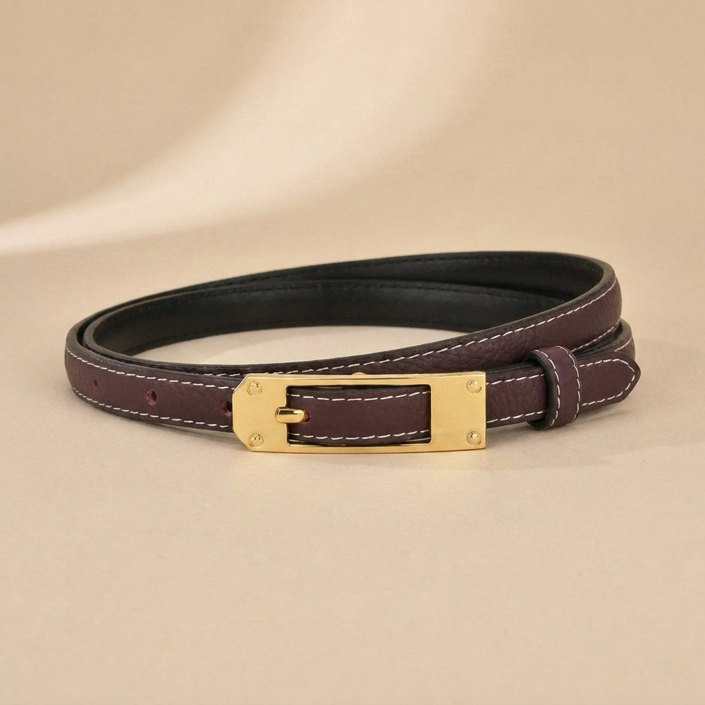 Black Leather Belt Gold Buckle - Slim Strap with Vintage Pin Buckle