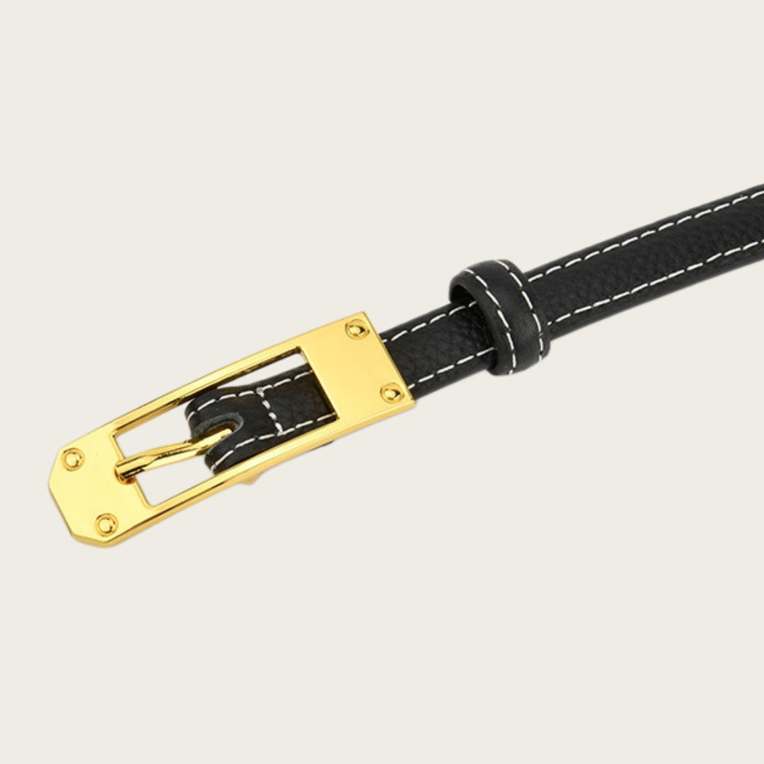 Black Leather Belt Gold Buckle - Slim Strap with Vintage Pin Buckle