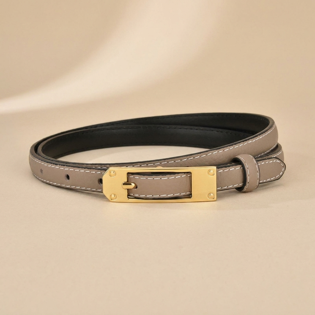 Black Leather Belt Gold Buckle - Slim Strap with Vintage Pin Buckle