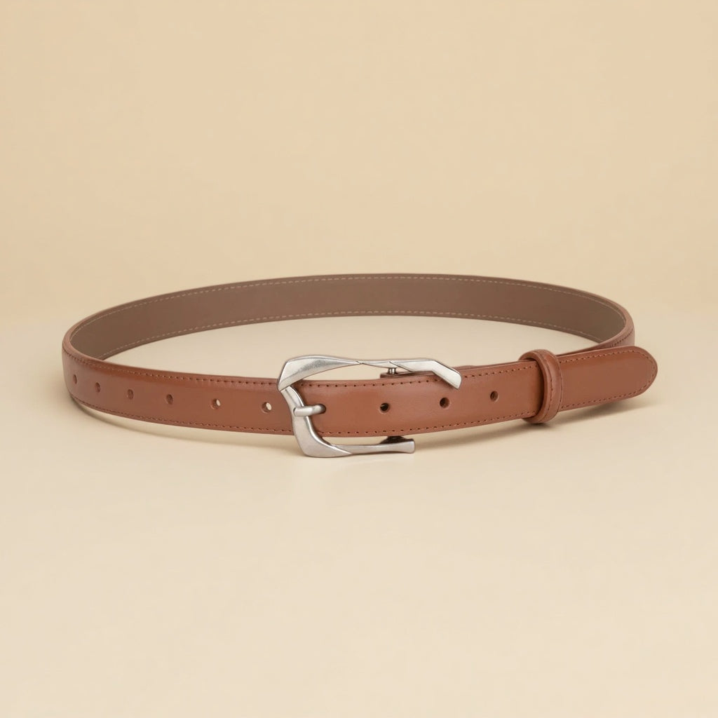 Black Leather Belt with Silver Buckle - Irregular Pin Buckle