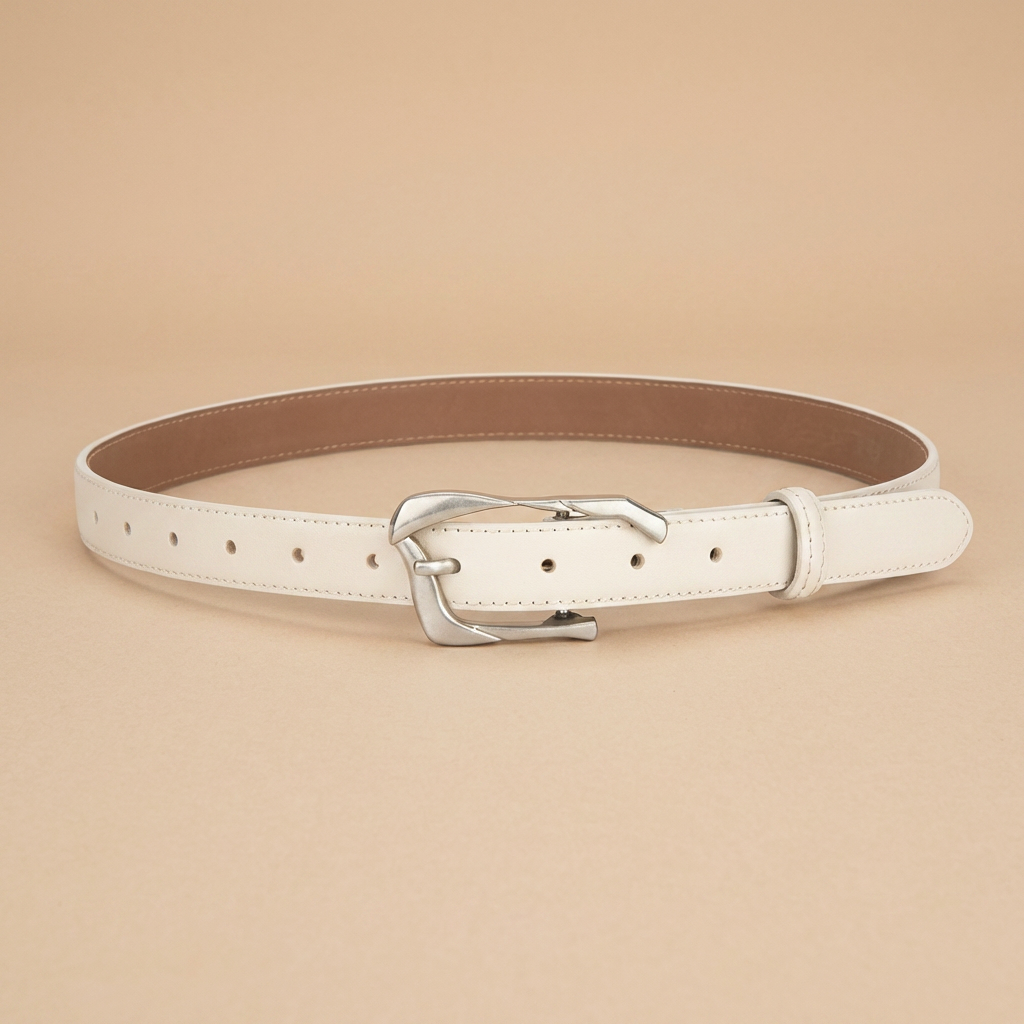 Black Leather Belt with Silver Buckle - Irregular Pin Buckle