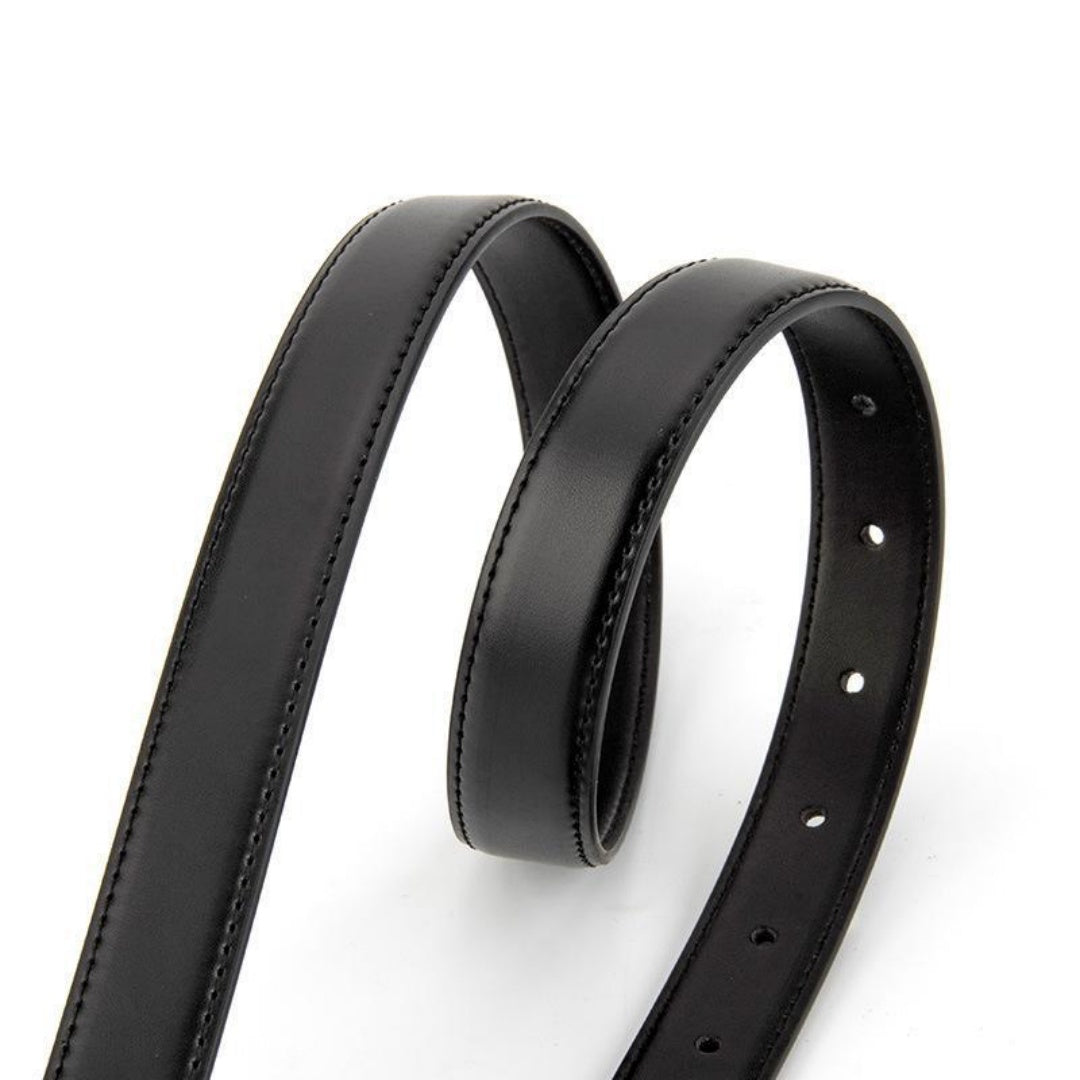 Black Leather Belt with Silver Buckle - Irregular Pin Buckle