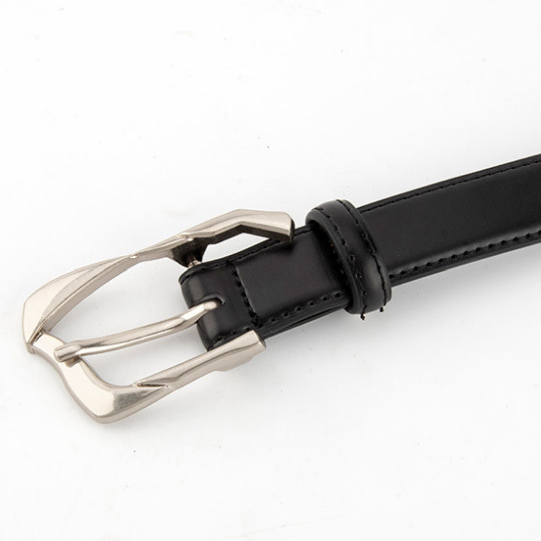 Black Leather Belt with Silver Buckle - Irregular Pin Buckle
