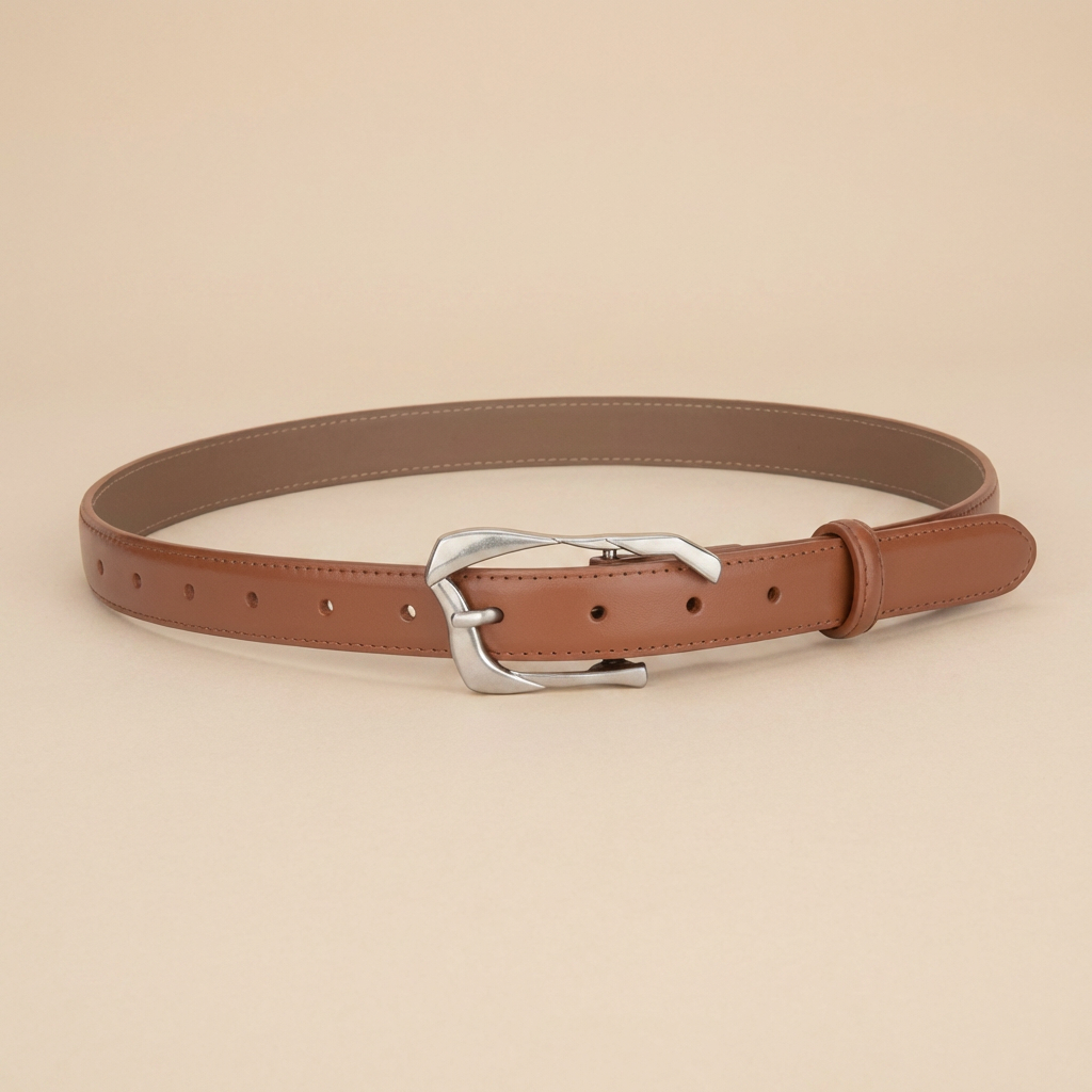 Black Leather Belt with Silver Buckle - Irregular Pin Buckle