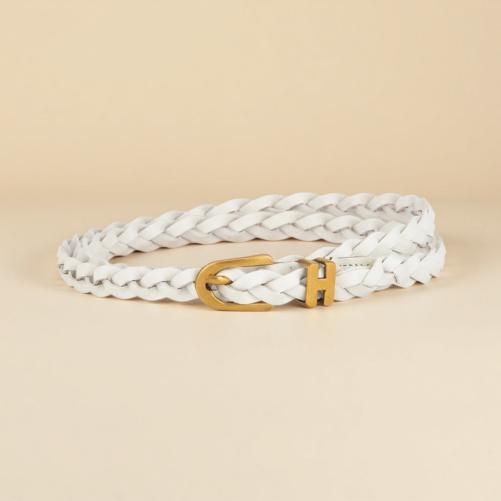 Braided Leather Belt for Women - Gold H-Buckle