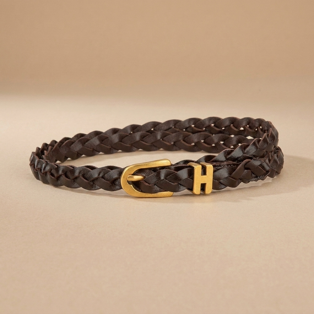 Braided Leather Belt for Women - Gold H-Buckle