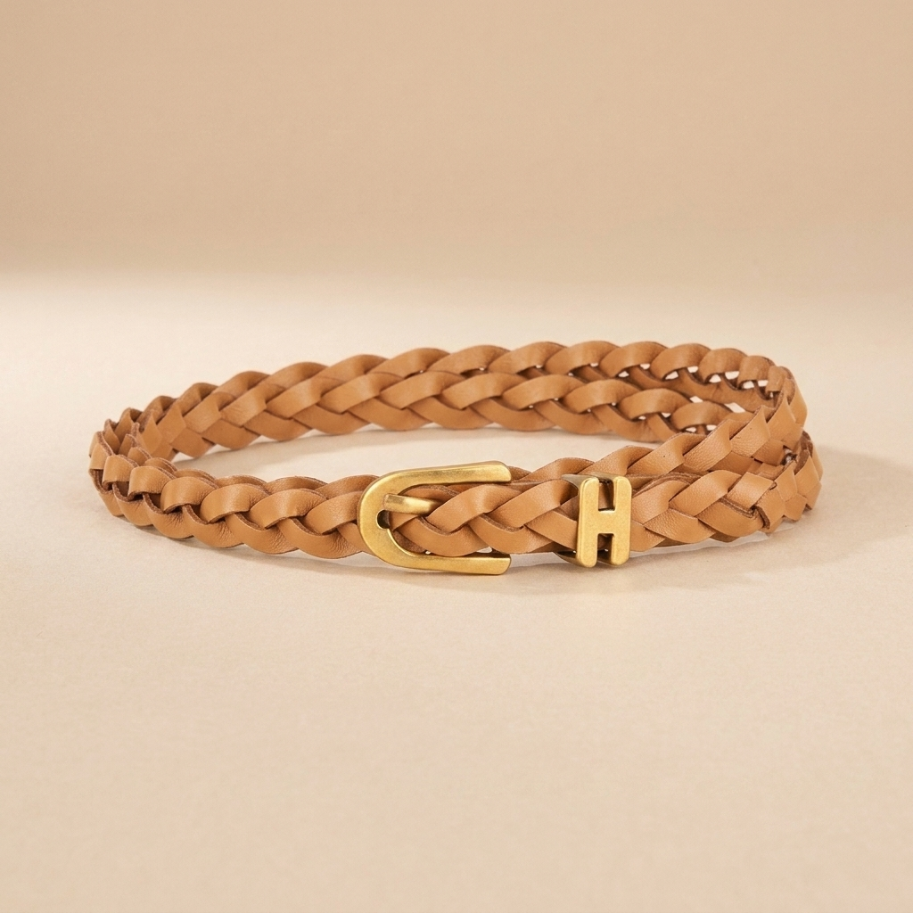 Braided Leather Belt for Women - Gold H-Buckle