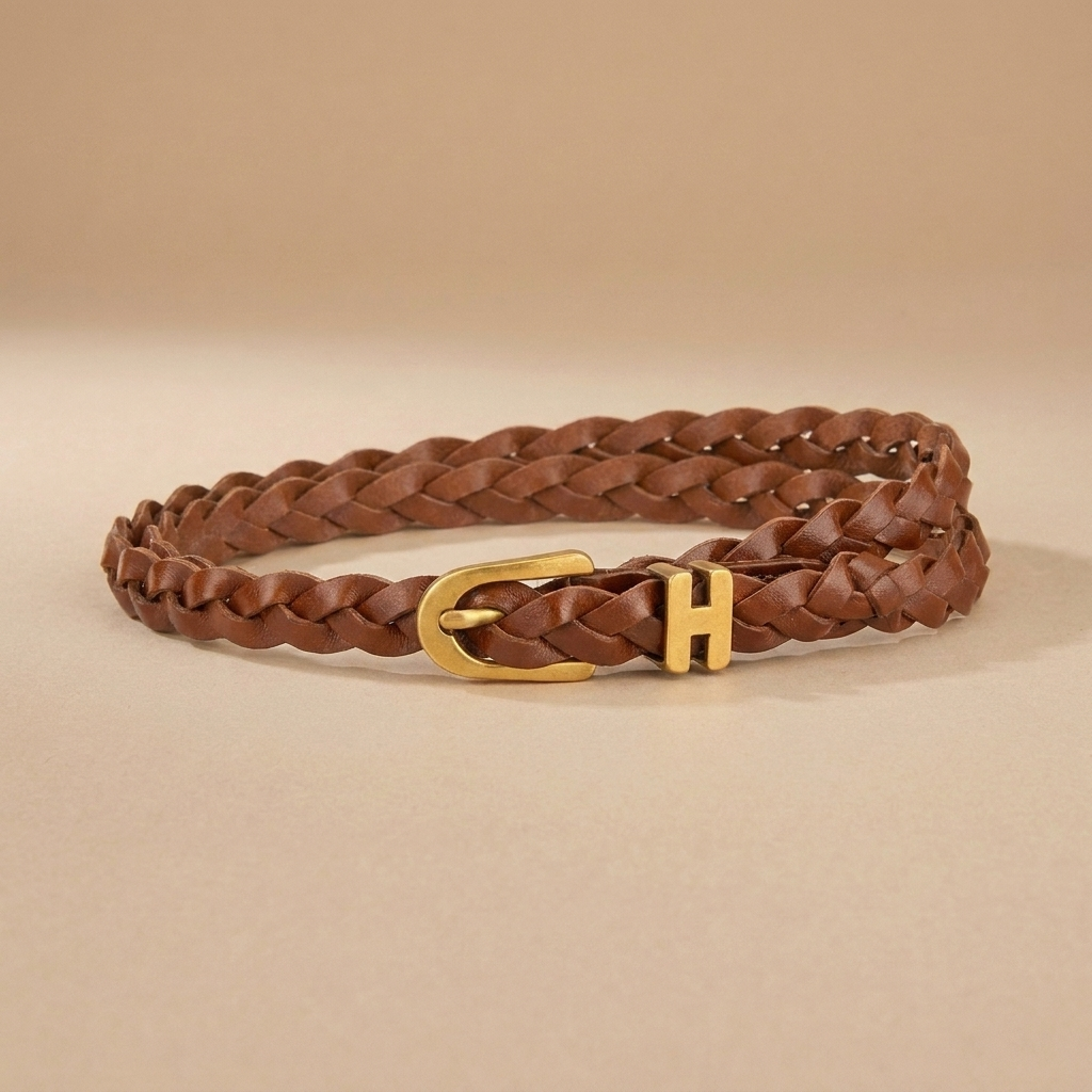 Braided Leather Belt for Women - Gold H-Buckle