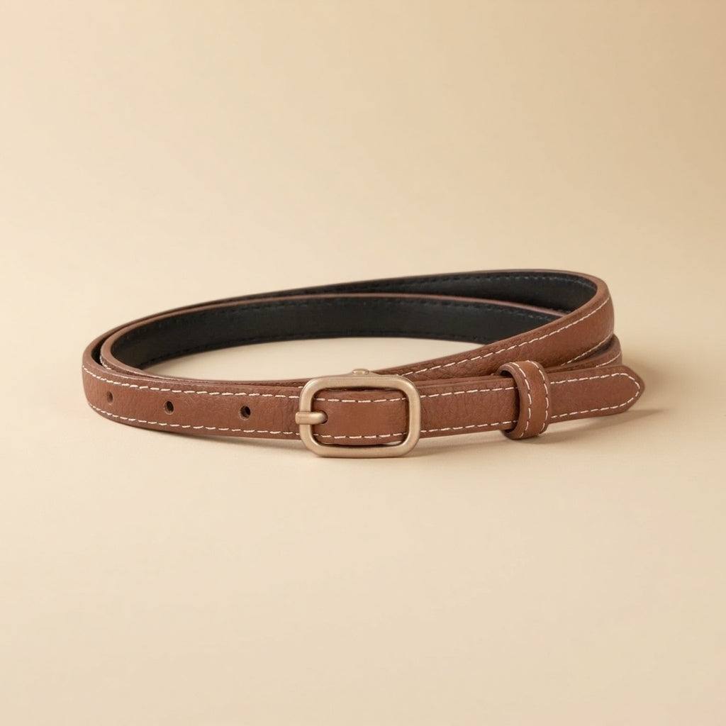 Classic Leather Belt for Women - Slim Pin Buckle in Full-Grain Leather