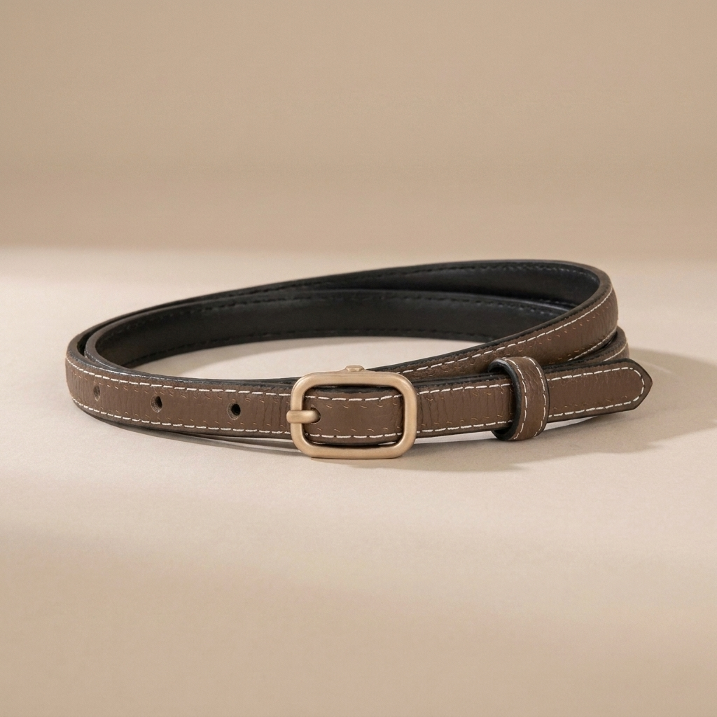Classic Leather Belt for Women - Slim Pin Buckle in Full-Grain Leather