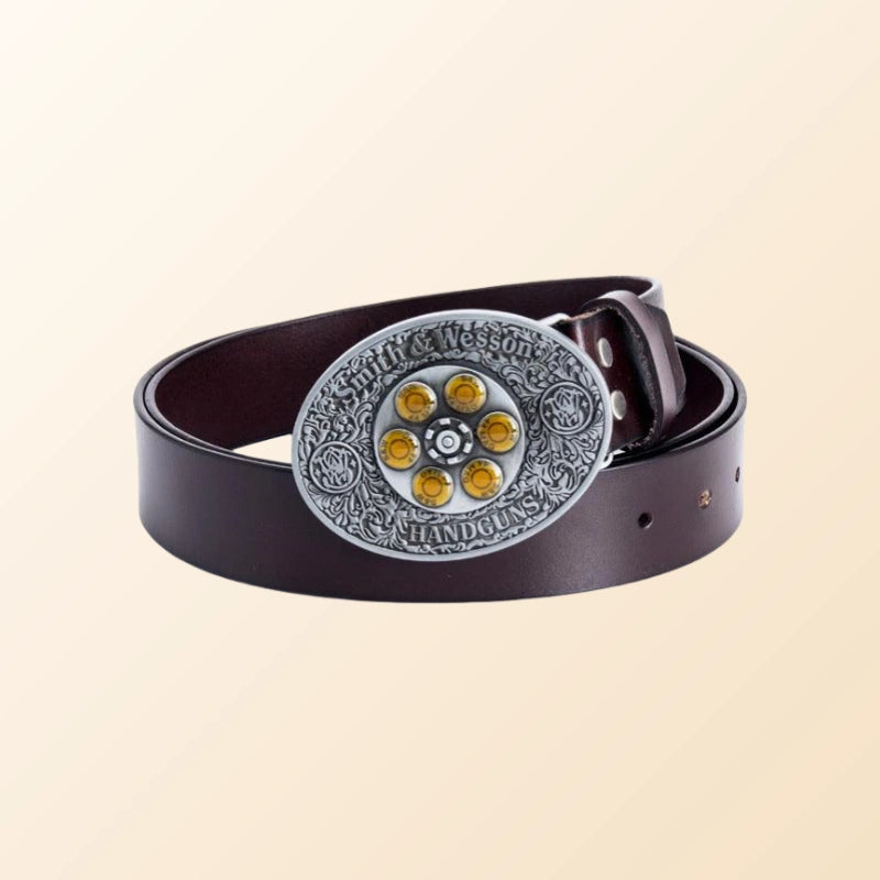 Cowboy Belt for Men-Black/Brown Leather-Revolver Buckle  display picture 3