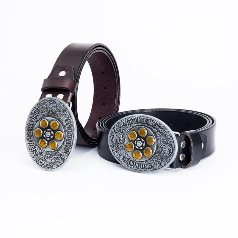 Cowboy Belt for Men-Black/Brown Leather-Bullet Buckle-Western Style