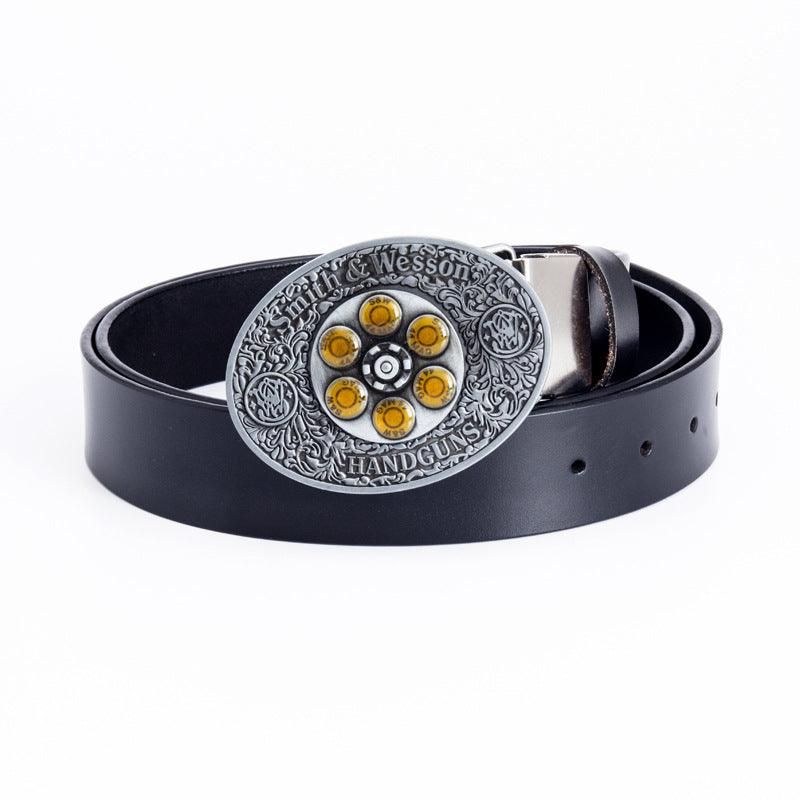 Cowboy Belt for Men-Black/Brown Leather-Bullet Buckle-Western Style