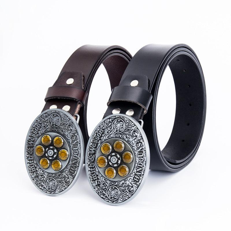 Cowboy Belt for Men-Black/Brown Leather-Bullet Buckle-Western Style