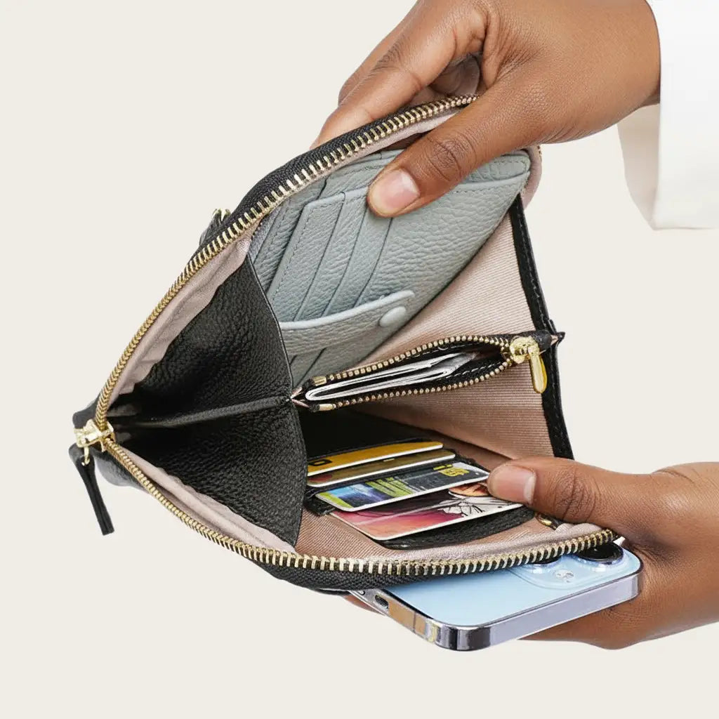 Hand holding an open wallet with cards and a phone inside on a light background