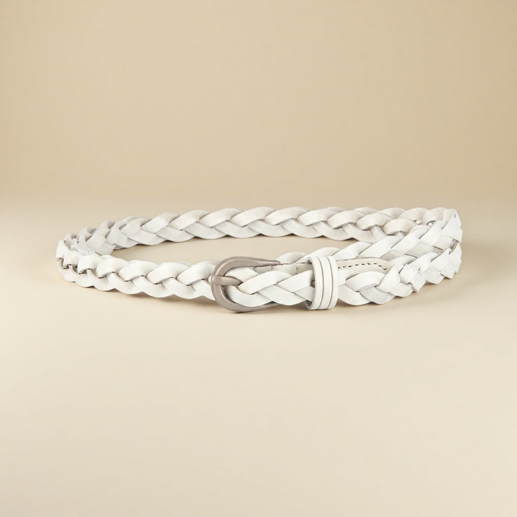 Ladies Braided Leather Belt - Slim Woven Strap with Pin Buckle