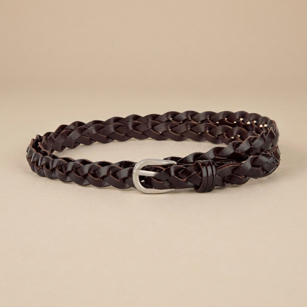 Ladies Braided Leather Belt - Slim Woven Strap with Pin Buckle