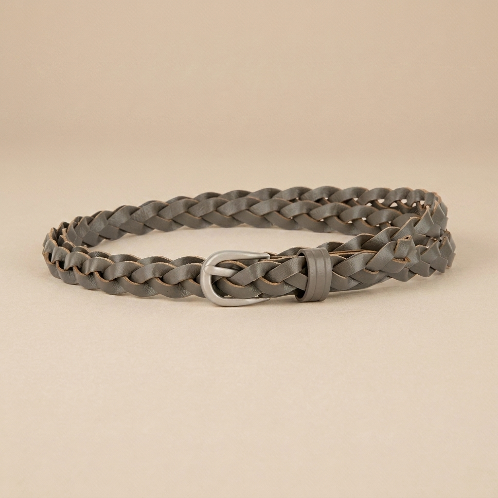 Ladies Braided Leather Belt - Slim Woven Strap with Pin Buckle