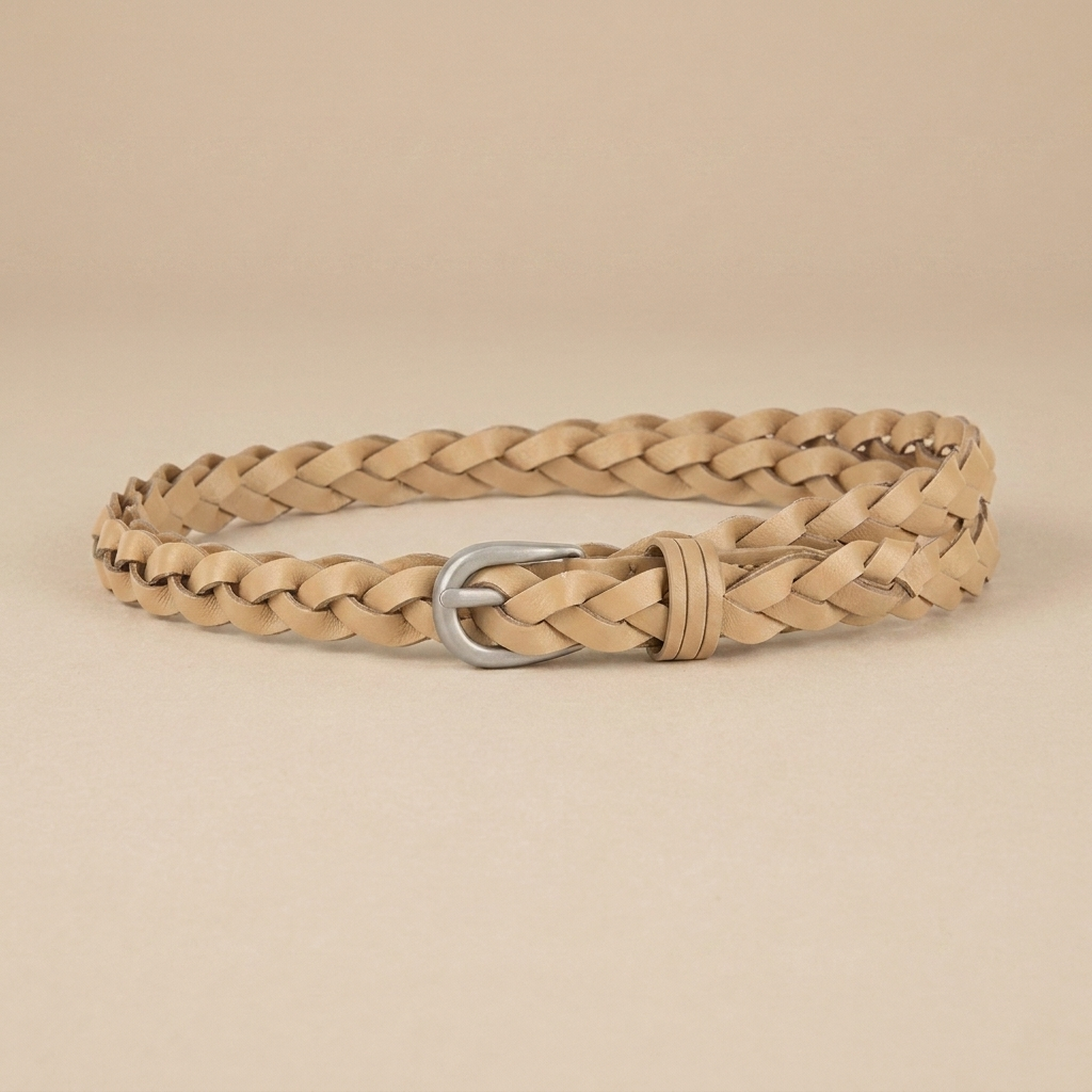 Ladies Braided Leather Belt - Slim Woven Strap with Pin Buckle