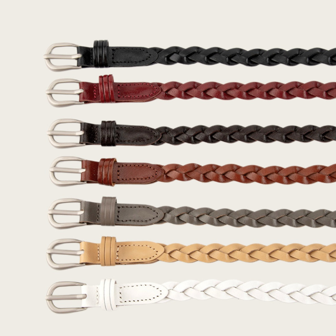 Ladies Braided Leather Belt - Slim Woven Strap with Pin Buckle