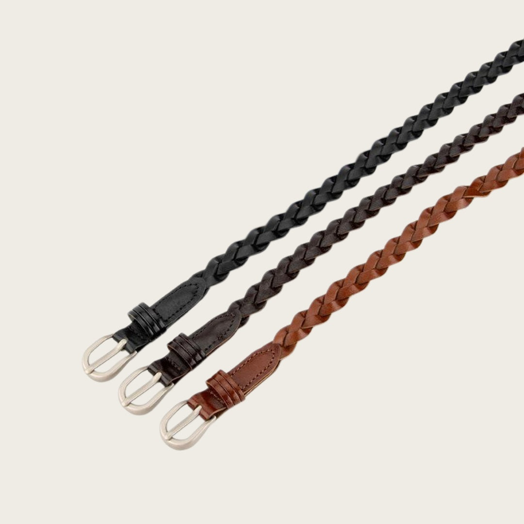 Ladies Braided Leather Belt - Slim Woven Strap with Pin Buckle
