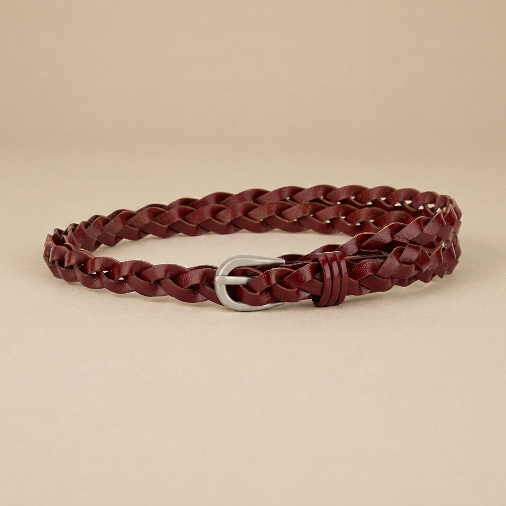 Ladies Braided Leather Belt - Slim Woven Strap with Pin Buckle