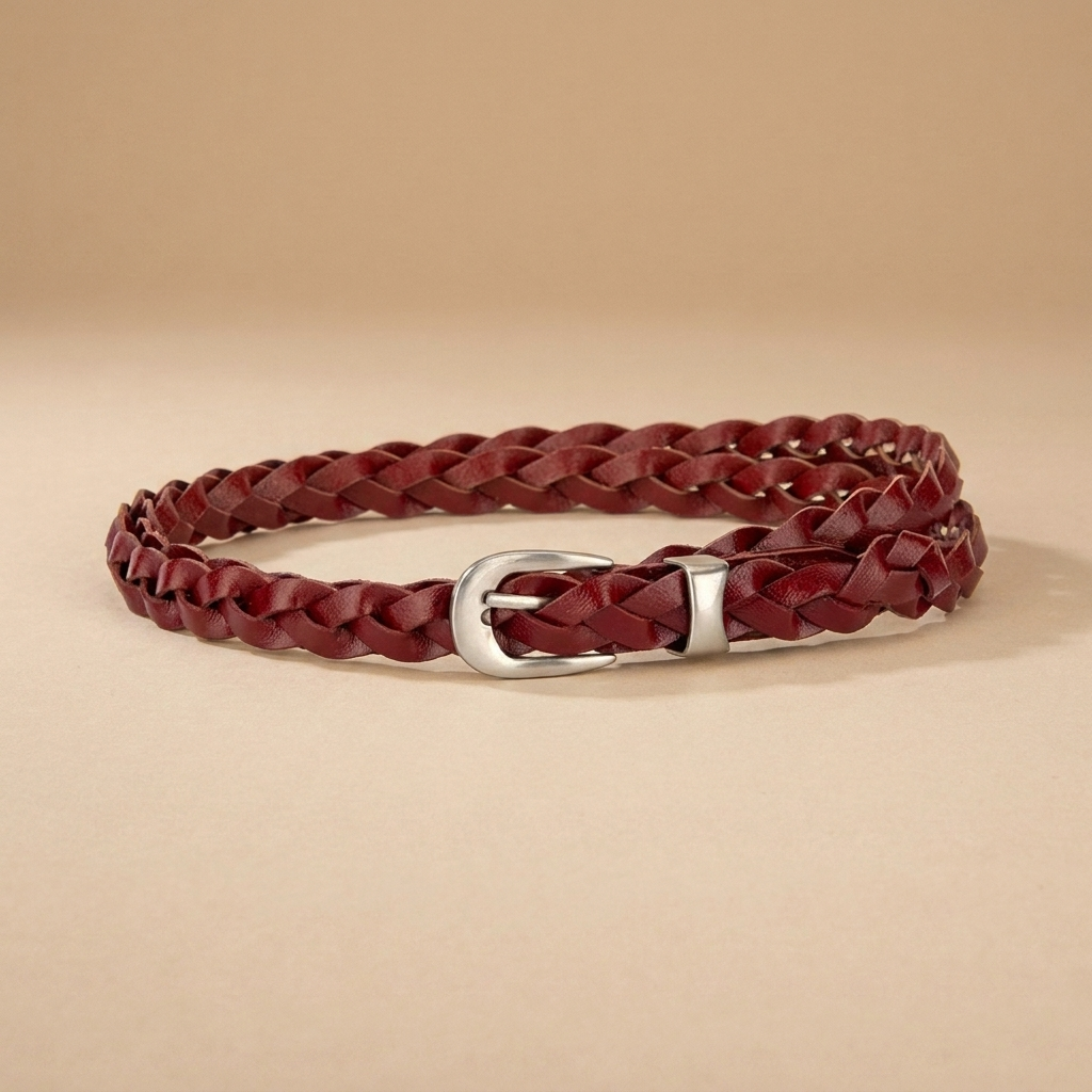 Ladies Braided Leather Belts - Slim Woven Strap with Silver Pin Buckle