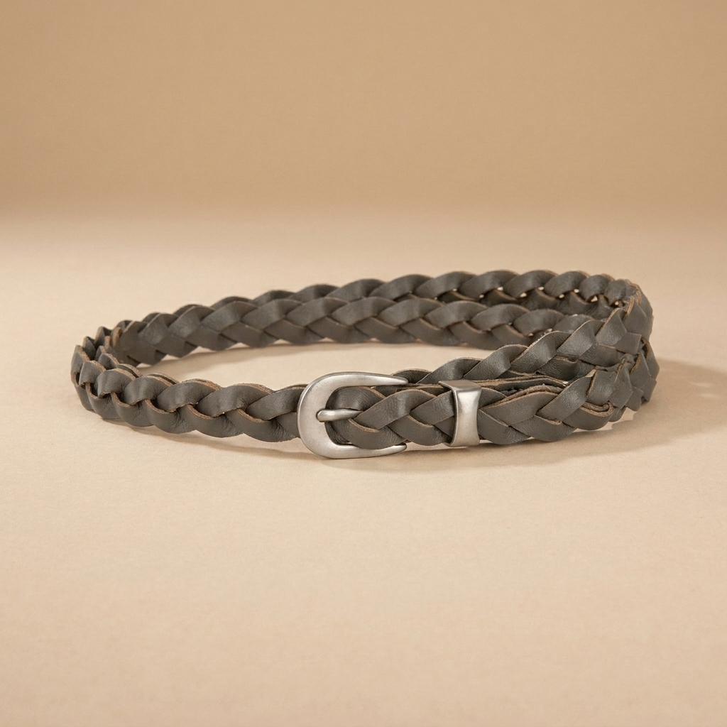 Ladies Braided Leather Belts - Slim Woven Strap with Silver Pin Buckle