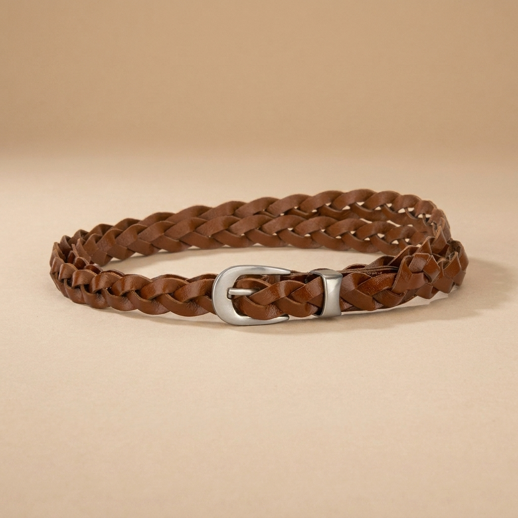 Ladies Braided Leather Belts - Slim Woven Strap with Silver Pin Buckle