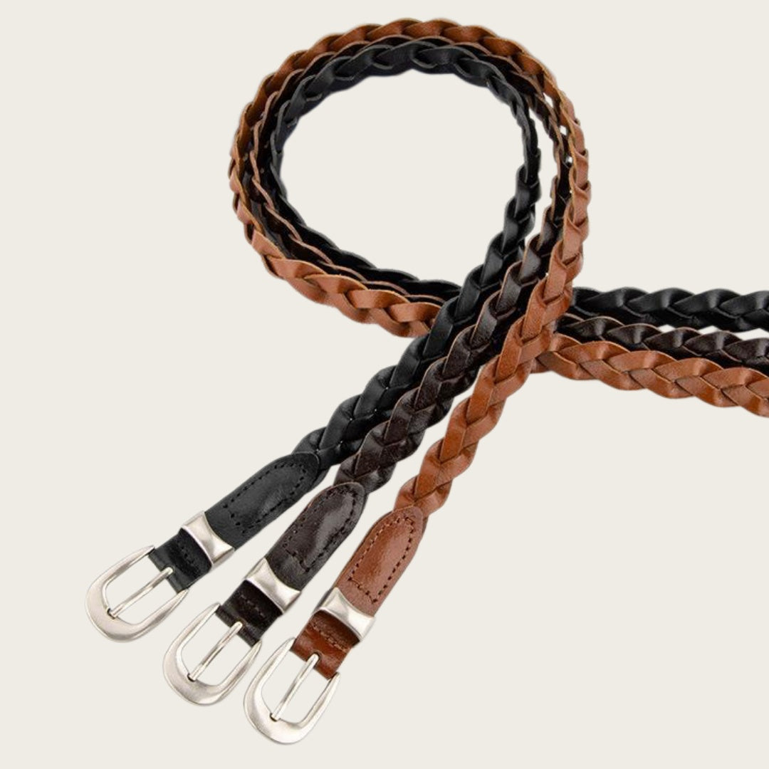 Ladies Braided Leather Belts - Slim Woven Strap with Silver Pin Buckle