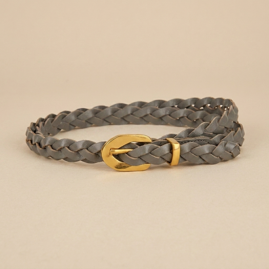Ladies Braided Leather Belts - Slim Wrap Strap with Gold Pin Buckle