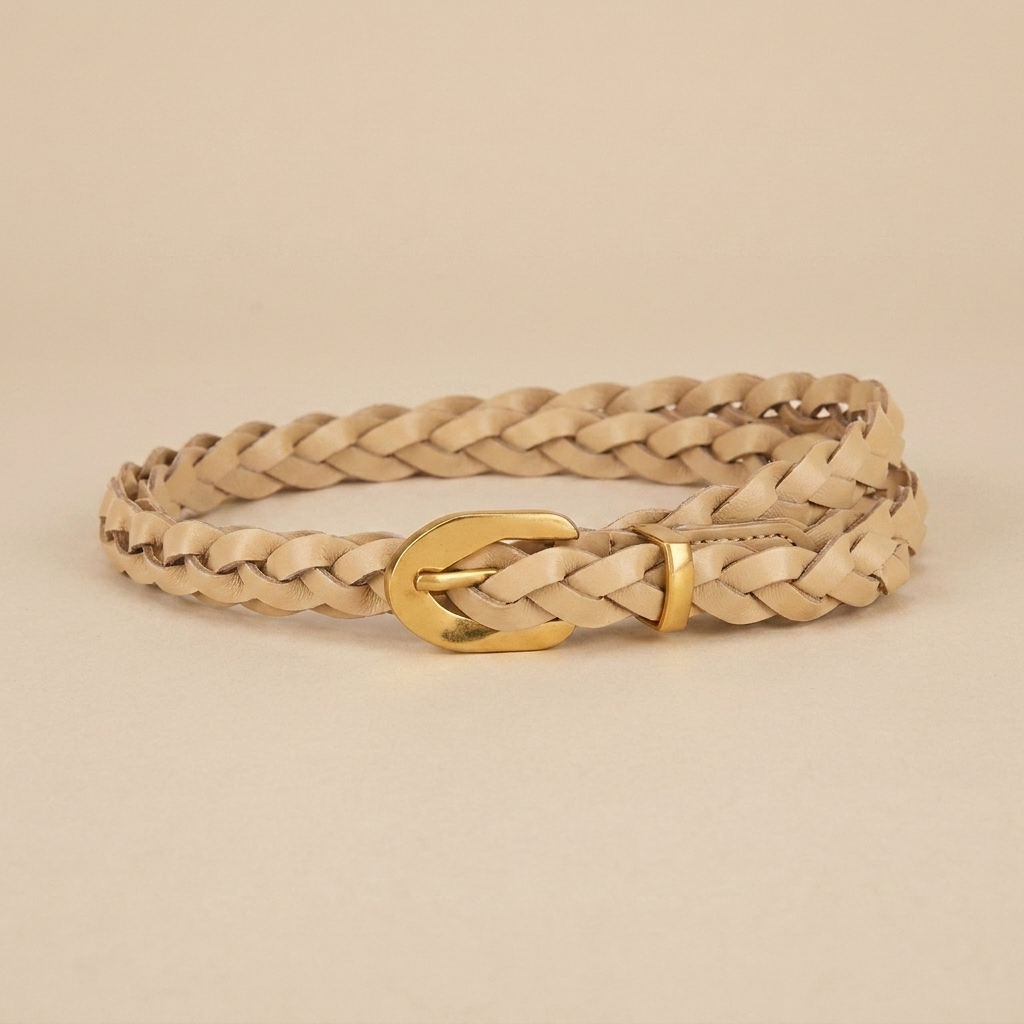 Ladies Braided Leather Belts - Slim Wrap Strap with Gold Pin Buckle