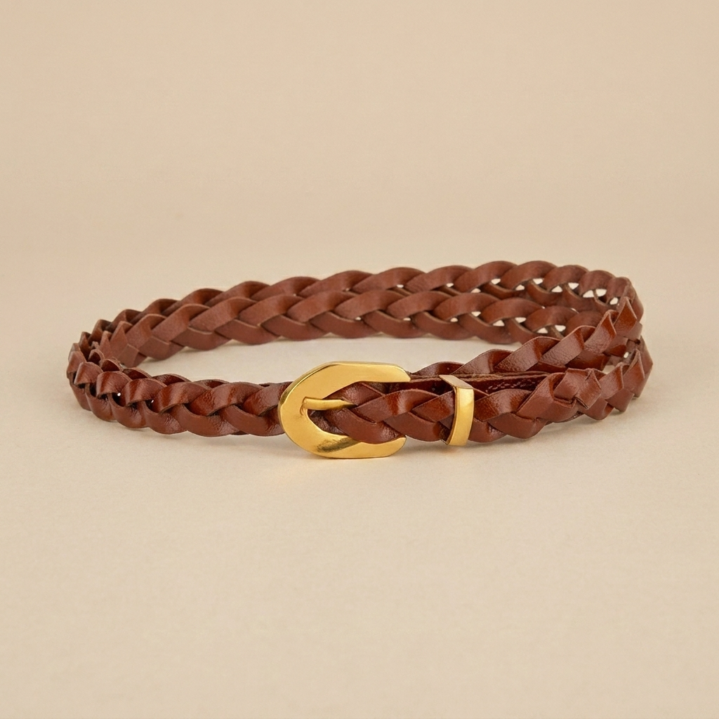 Ladies Braided Leather Belts - Slim Wrap Strap with Gold Pin Buckle