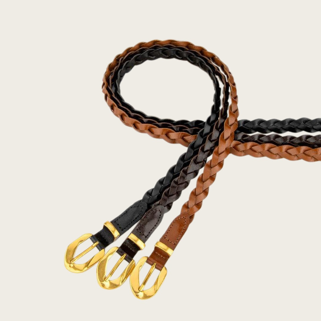 Ladies Braided Leather Belts - Slim Wrap Strap with Gold Pin Buckle
